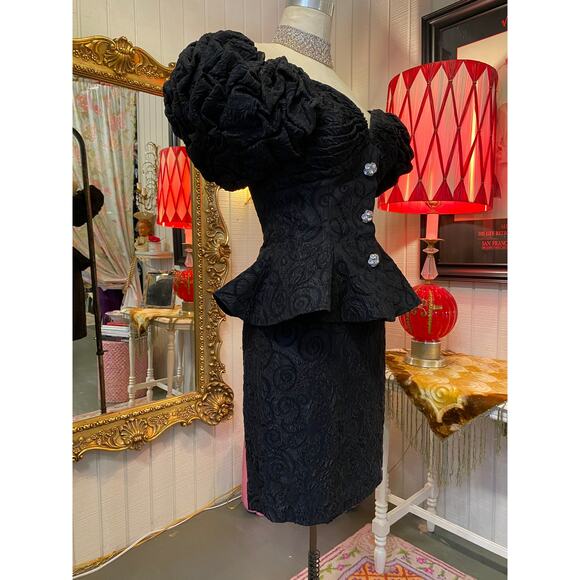 vintage 1980s black brocade 2 piece cocktail suit raul blanco s/m statement 80s - Picture 6 of 13